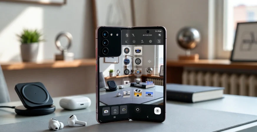 “Latest smartphone 2026 with foldable display and AI-enhanced camera on a modern desk in Germany”