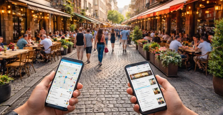 Local online marketing concept showing tourists using smartphones to find restaurants and travel spots in Germany.