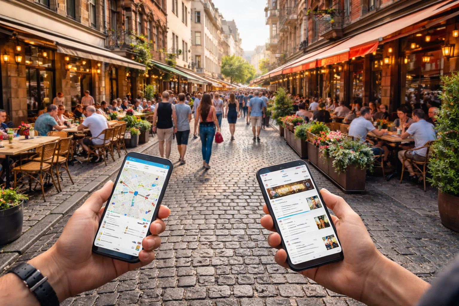 Local online marketing concept showing tourists using smartphones to find restaurants and travel spots in Germany.