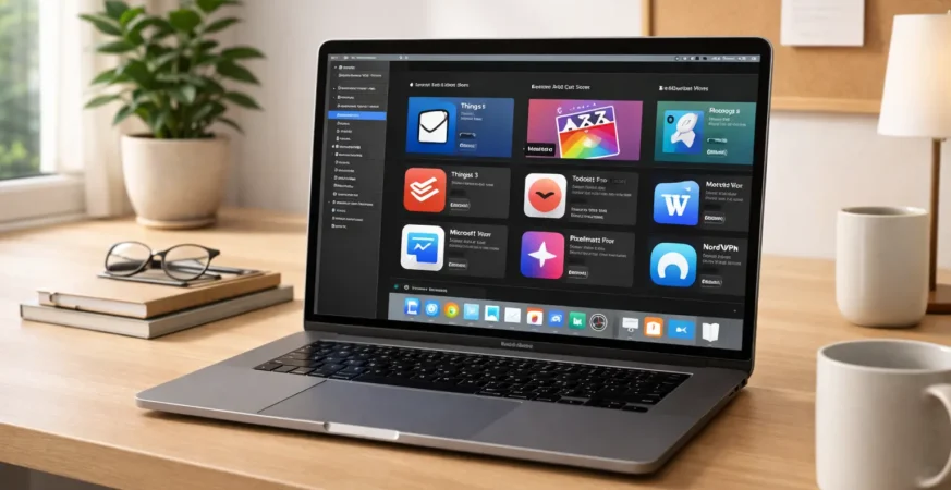 “MacBook displaying Mac App Store software interface with productivity and creative apps in a German home office”