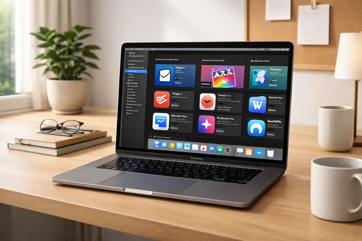 “MacBook displaying Mac App Store software interface with productivity and creative apps in a German home office”
