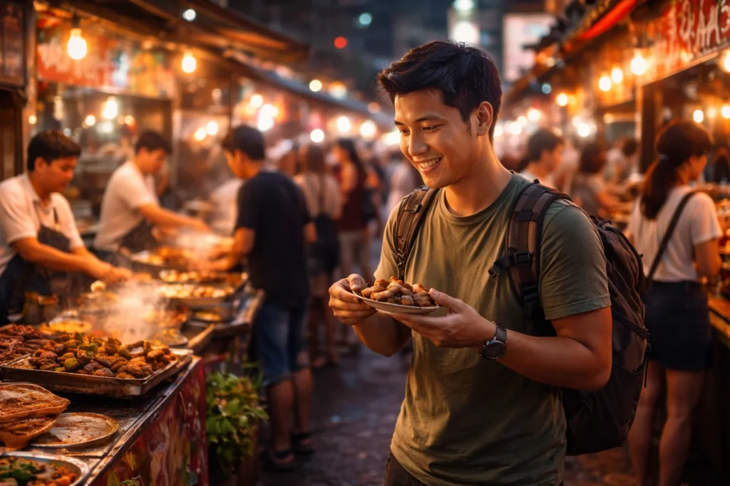 Minh exploring a vibrant street food market and tasting local dishes during a unique street food adventure.