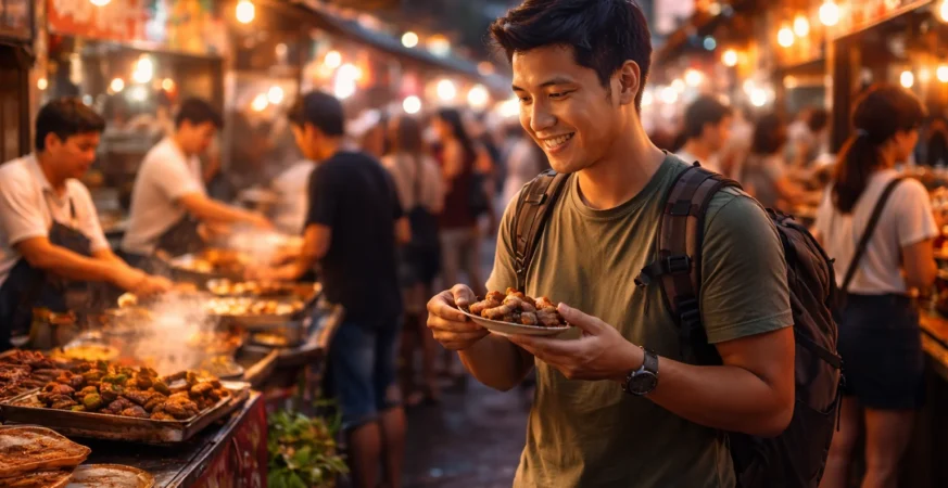 Minh exploring a vibrant street food market and tasting local dishes during a unique street food adventure.