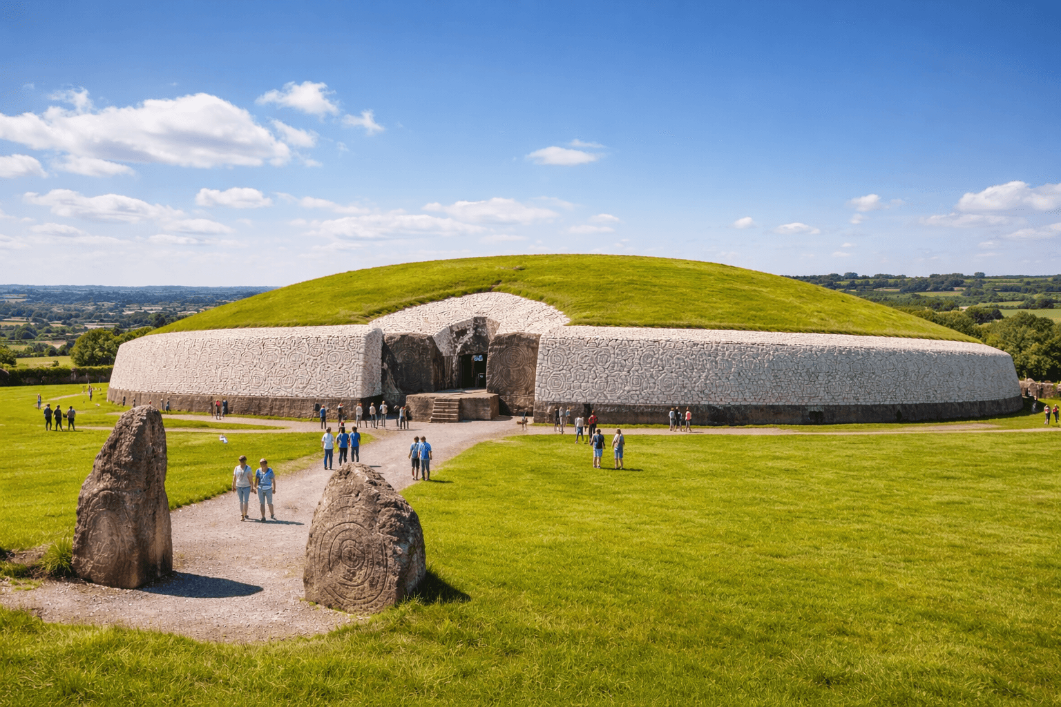 Newgrange Heritage Site in Ireland, showing Neolithic passage tomb and surrounding Boyne Valley landscape.