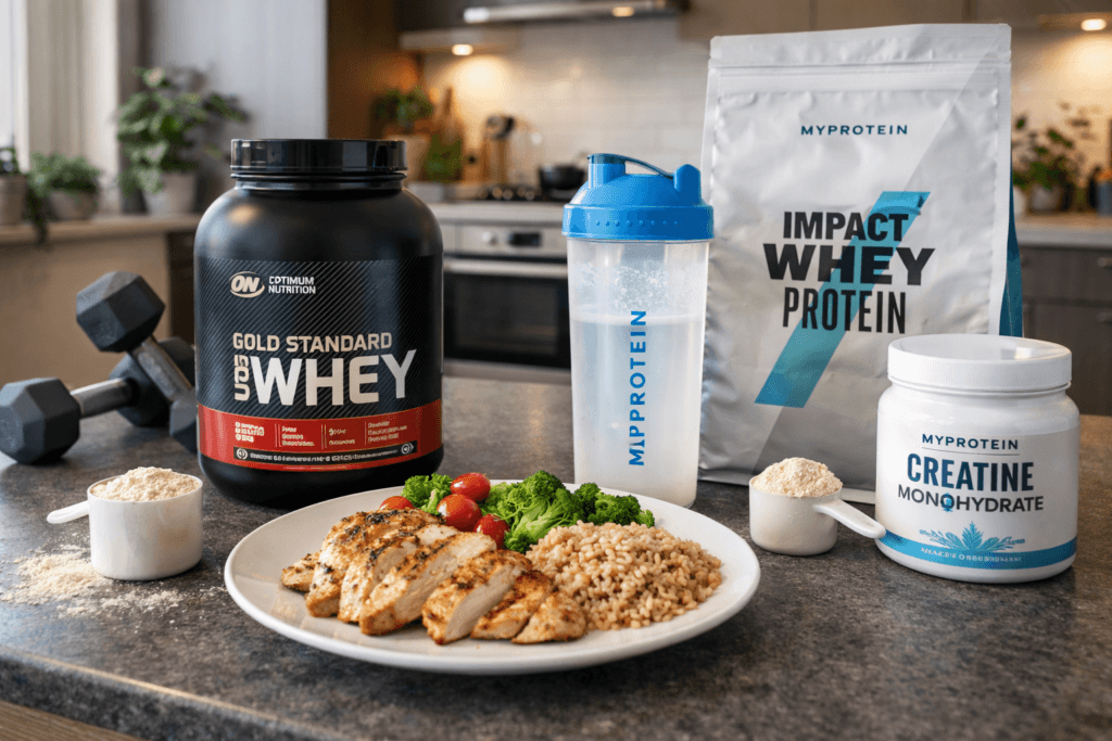 “Muscle-building diet with Optimum Nutrition and MyProtein supplements, chicken, rice, and vegetables on a German kitchen counter”