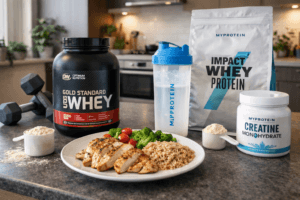 “Muscle-building diet with Optimum Nutrition and MyProtein supplements, chicken, rice, and vegetables on a German kitchen counter”