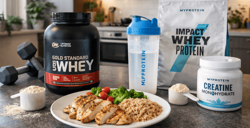 “Muscle-building diet with Optimum Nutrition and MyProtein supplements, chicken, rice, and vegetables on a German kitchen counter”