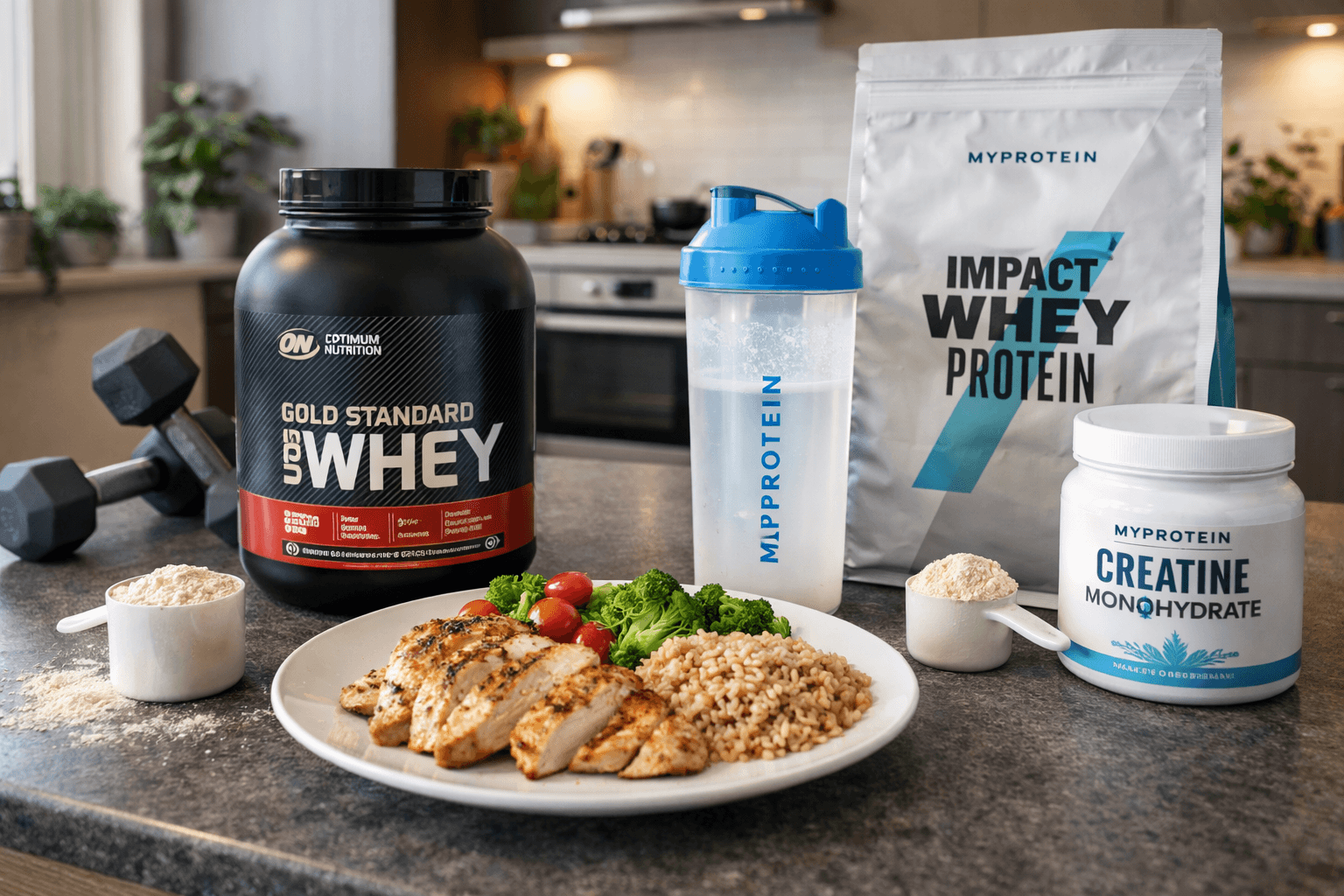 “Muscle-building diet with Optimum Nutrition and MyProtein supplements, chicken, rice, and vegetables on a German kitchen counter”