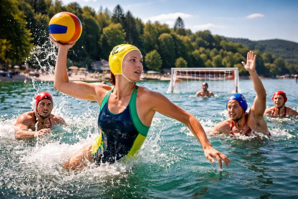 Players competing in polo water sport on a German lake with splashing water and colorful gear.