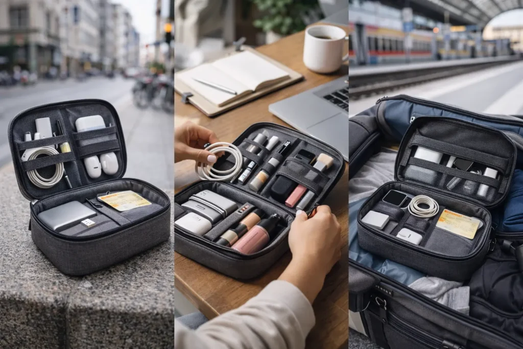 Portable accessory carrier with gadgets and essentials in a German city.