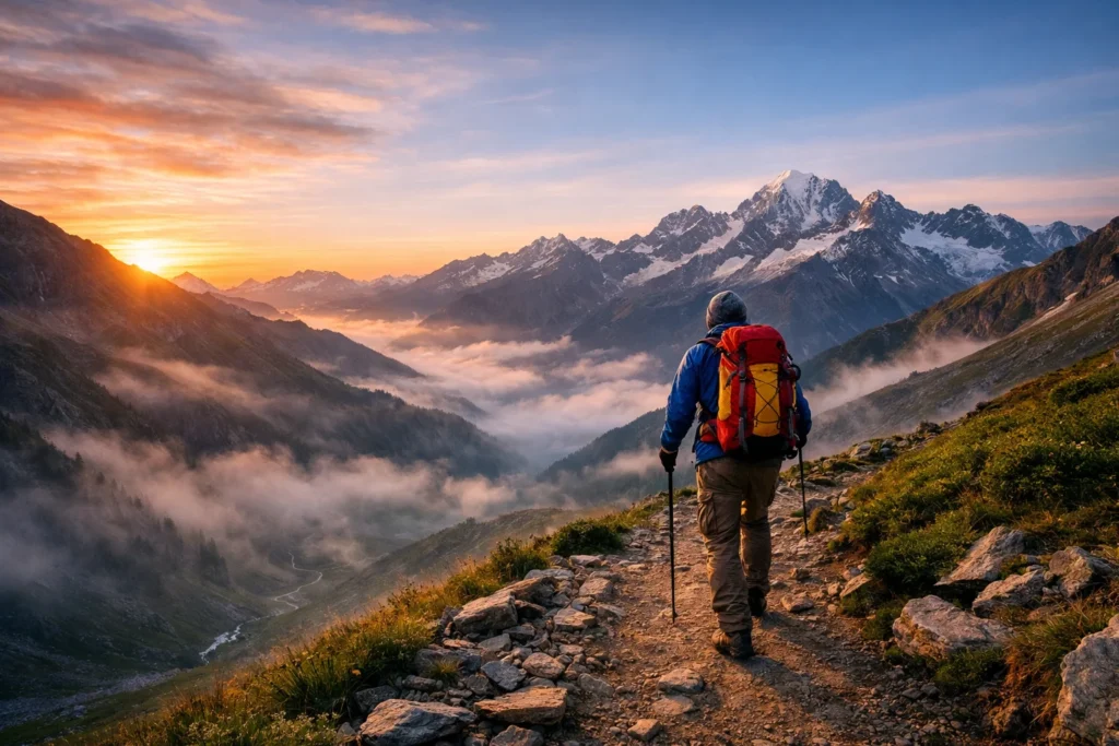 “German hiker trekking on a remote mountain trail at sunrise with distant snow‑capped peaks and misty valleys.”