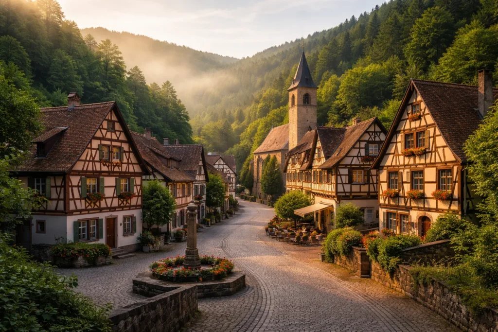 Remote village in Germany with cobblestone streets and half-timbered houses surrounded by greenery.