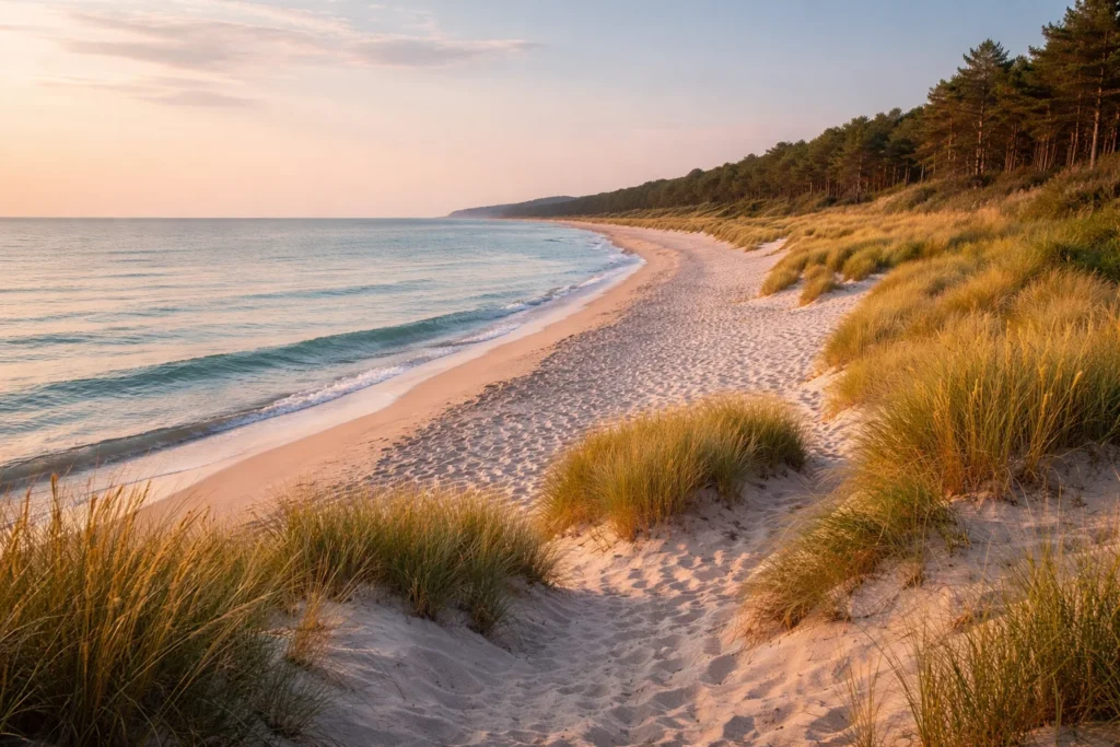 Secluded hidden beach in Germany with golden sands and calm Baltic Sea waters.