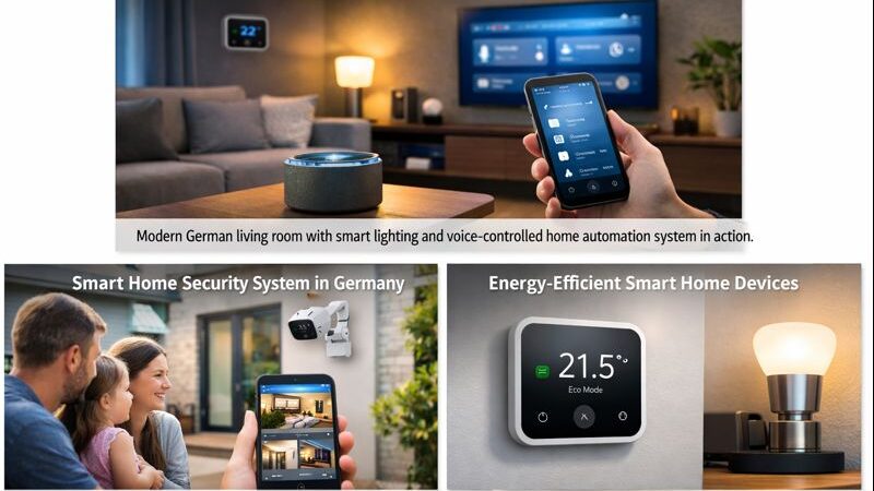 Modern living room in Germany equipped with smart home technology including automated lights, thermostat, and voice-controlled devices.