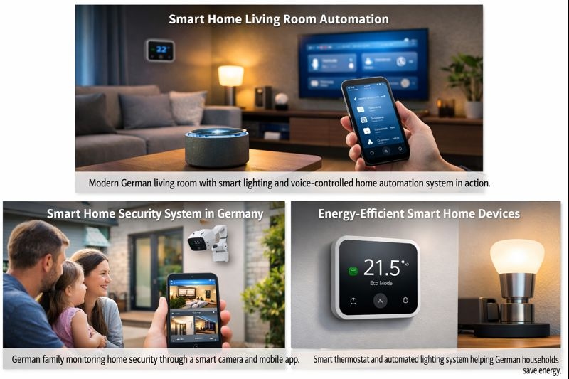 Modern living room in Germany equipped with smart home technology including automated lights, thermostat, and voice-controlled devices.