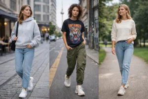 Woman wearing white sneakers and oversized hoodie in Germany.