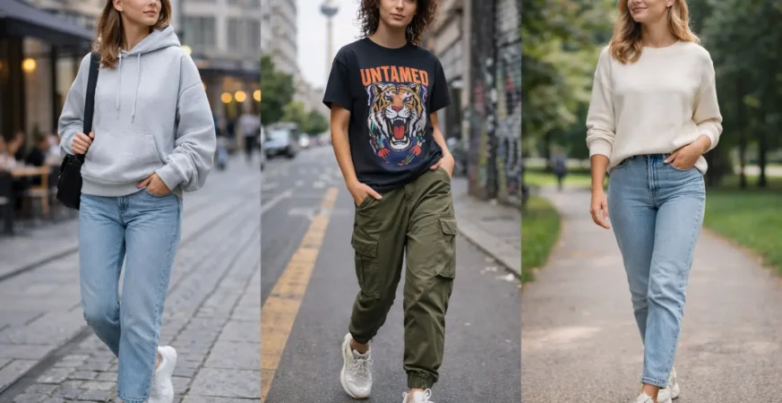 Woman wearing white sneakers and oversized hoodie in Germany.