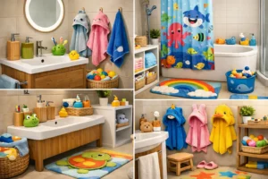 Family-friendly bathroom accessories with kids’ towels and colorful mats in a modern German bathroom.