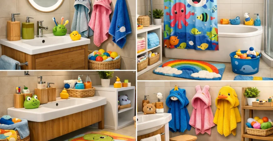 Family-friendly bathroom accessories with kids’ towels and colorful mats in a modern German bathroom.