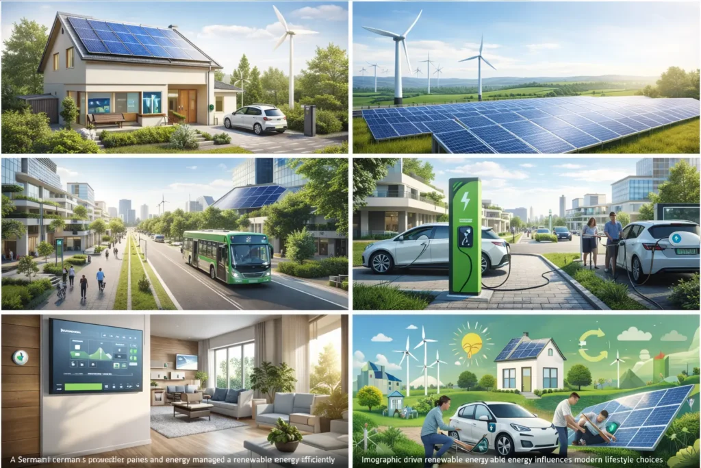 Infographic showing renewable energy lifestyle elements like solar, wind, and electric cars.