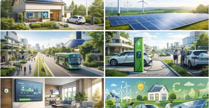Infographic showing renewable energy lifestyle elements like solar, wind, and electric cars.