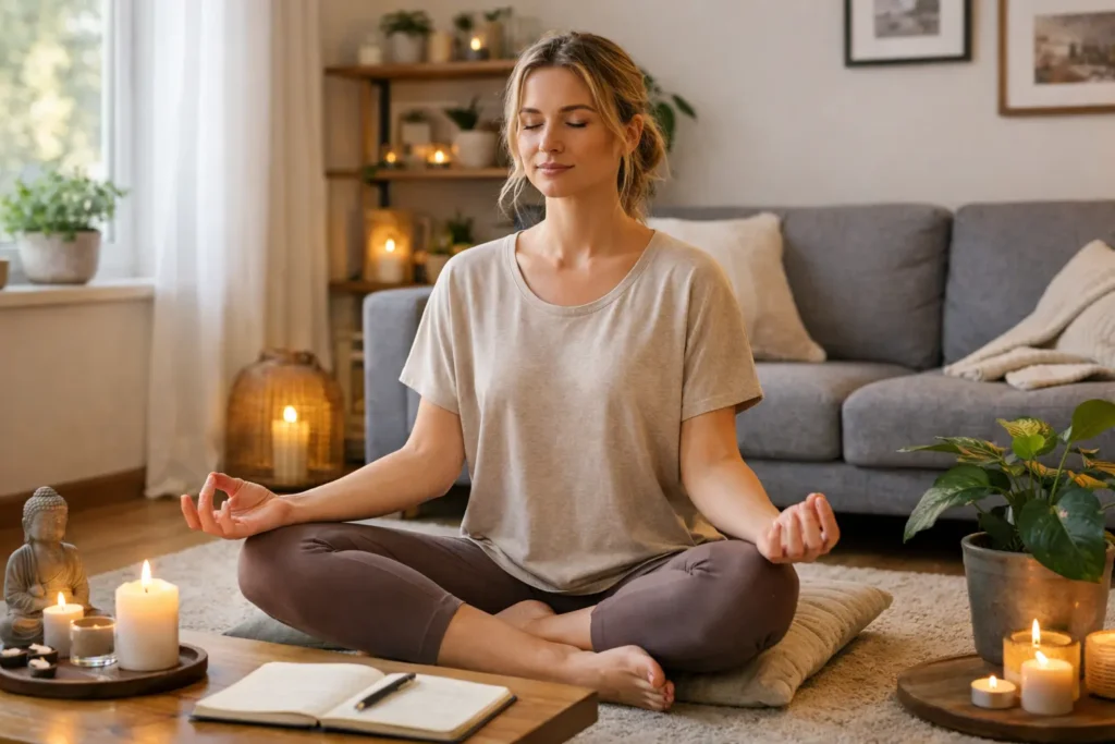 “Person practicing meditation for improving mental health in a modern German home”