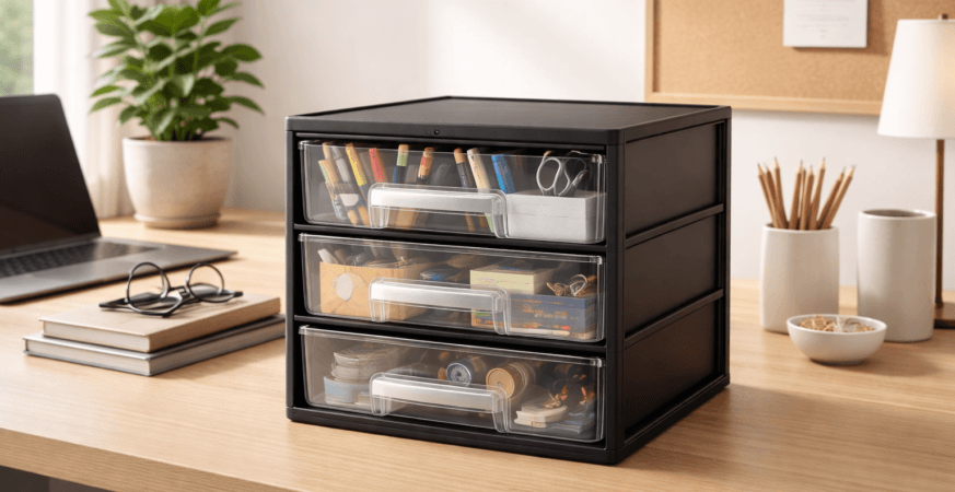 “Ultra Pro Pro Storage 3 Drawer Organizer neatly storing office supplies and craft items on a German desk”