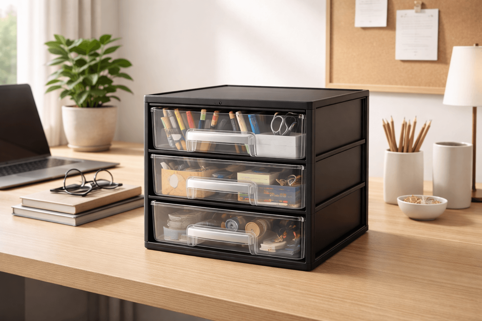 “Ultra Pro Pro Storage 3 Drawer Organizer neatly storing office supplies and craft items on a German desk”
