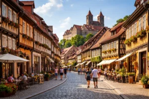 Quedlinburg medieval town with half-timbered houses and cobblestone streets