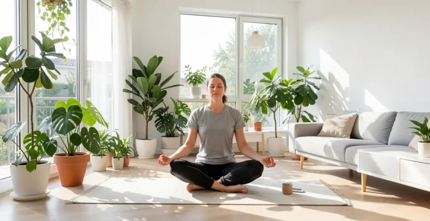 Person practicing yoga and meditation in a modern German home with natural light and indoor plants.