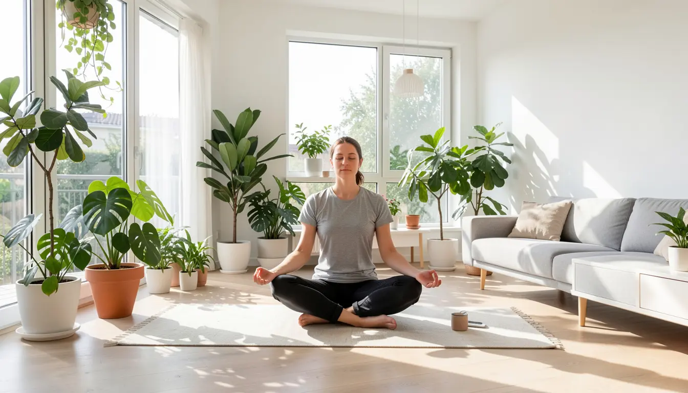 Person practicing yoga and meditation in a modern German home with natural light and indoor plants.