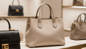 Woman carrying a luxury brand handbag in an urban German setting.