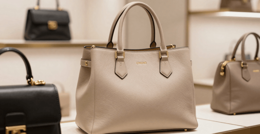 Woman carrying a luxury brand handbag in an urban German setting.