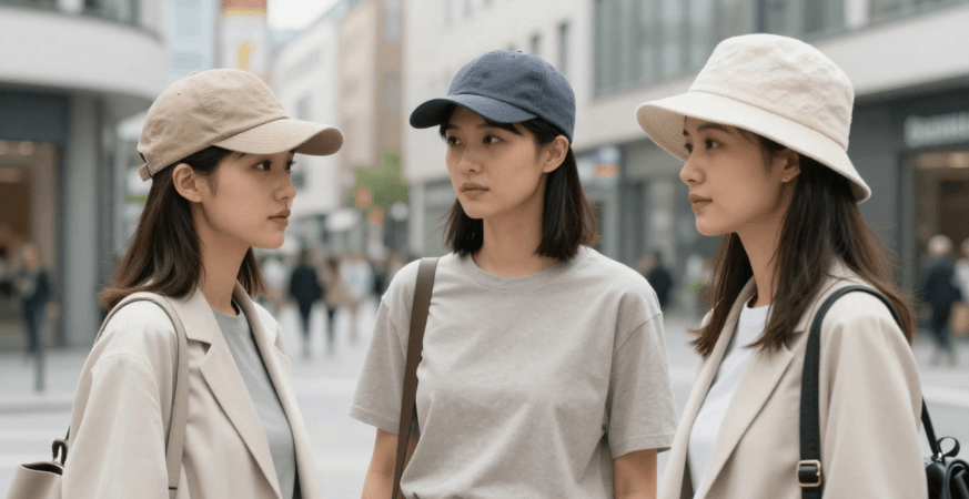 Men and women wearing stylish caps and hats on a German city street.