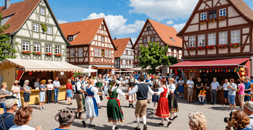 Local core festival in Germany with traditional costumes, folk music, and cultural celebrations in a historic village setting.
