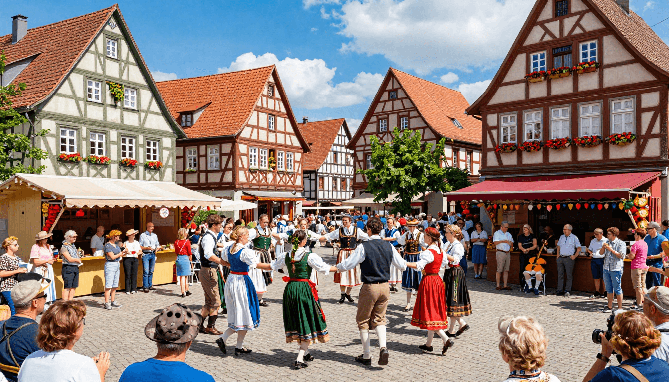 Local core festival in Germany with traditional costumes, folk music, and cultural celebrations in a historic village setting.