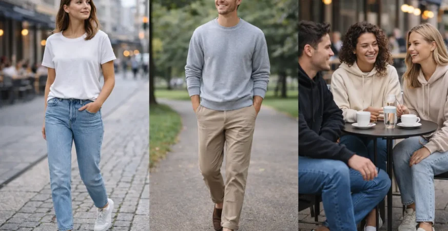 Friends in casual wear sitting at a café terrace in Germany.