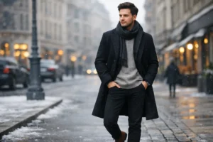 Stylish man wearing a dark wool winter coat on a street in Germany