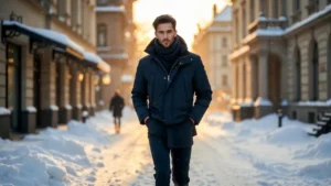 stylish man wearing best men’s winter jacket in Germany walking in snowy street