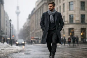 Best men’s winter jackets in Germany styled with a charcoal wool overcoat in a winter city