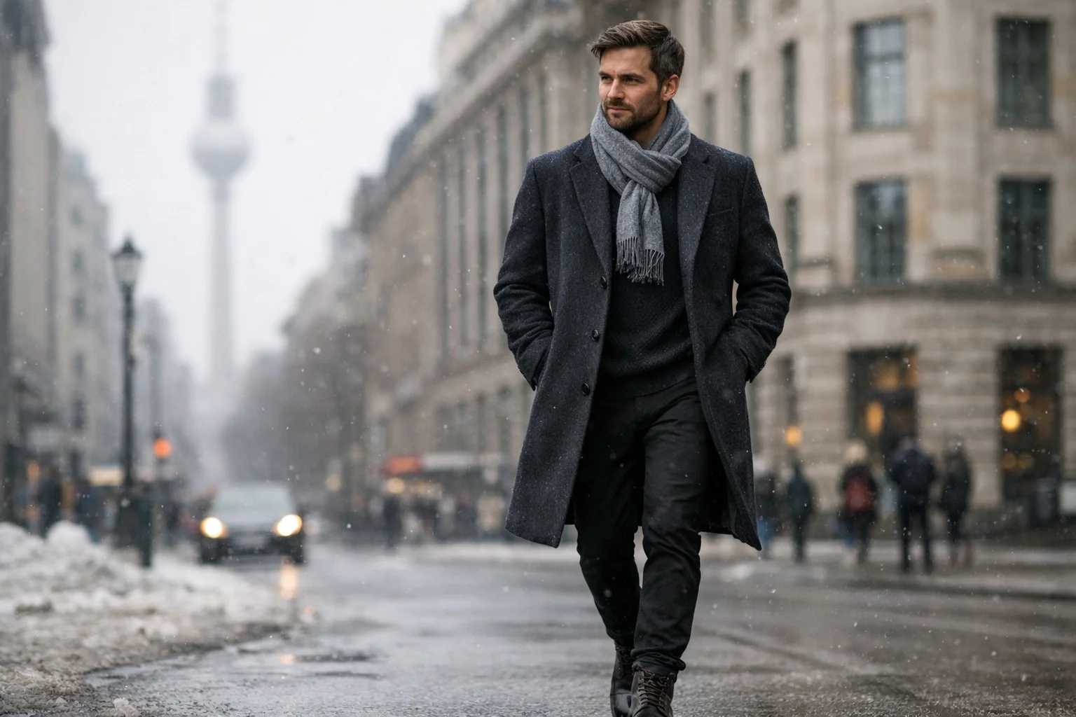 Best men’s winter jackets in Germany styled with a charcoal wool overcoat in a winter city