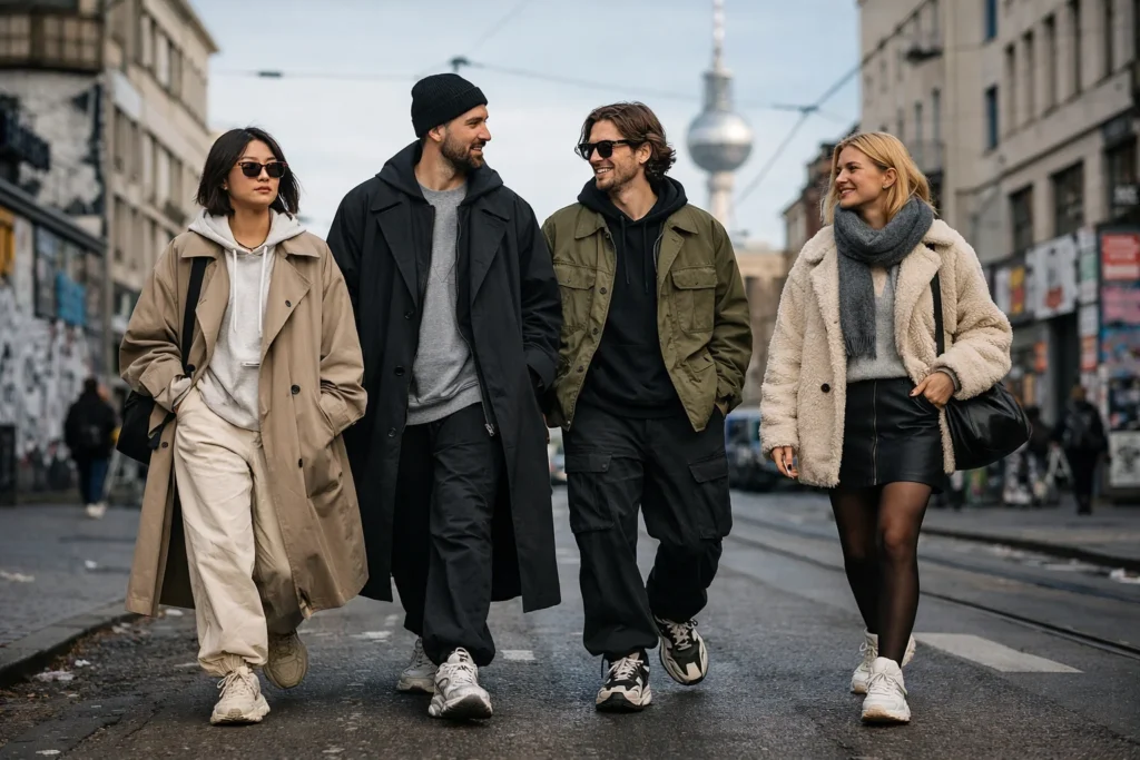 German street style fashion trends 2026 in Berlin featuring oversized coats, neutral outfits, chunky sneakers, and modern urban streetwear.