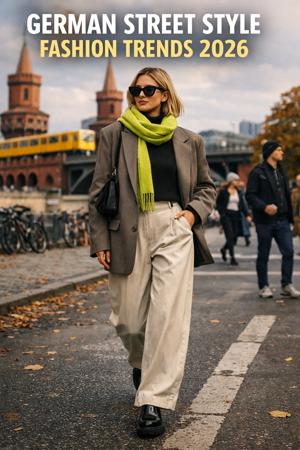 German street style fashion trends 2026 featuring oversized blazer, wide-leg trousers, and lime scarf in Berlin streets