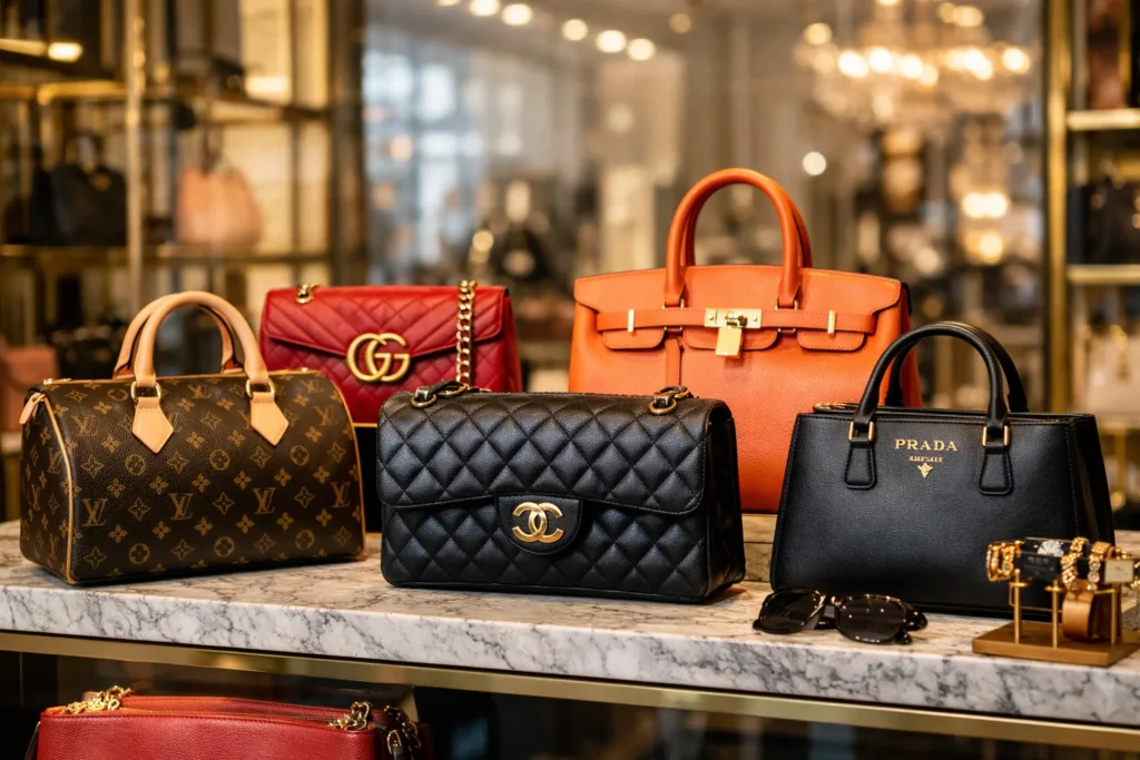luxury designer handbags available in germany boutique display louis vuitton chanel gucci prada