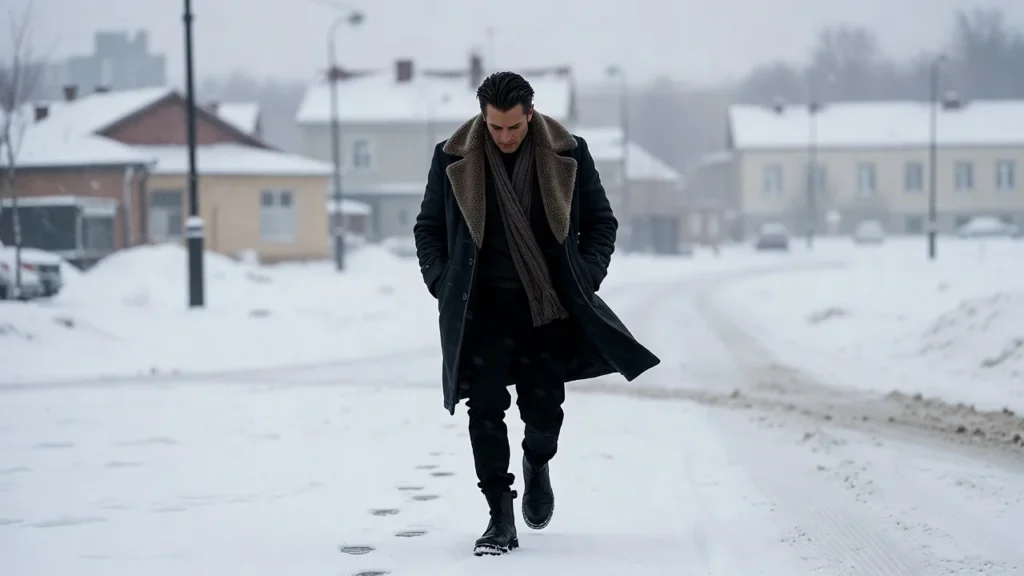 Man wearing a stylish winter outfit with coat, scarf, and boots walking confidently through snowy streets