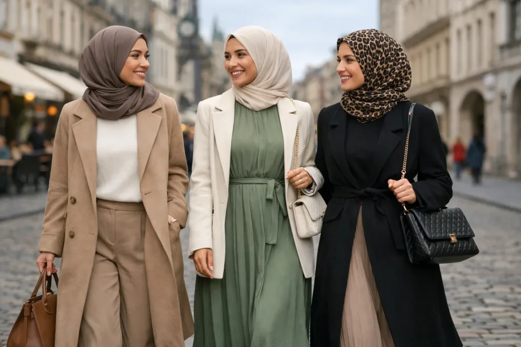 Stylish Muslim women wearing modern modest fashion outfits walking in a European city street in Germany