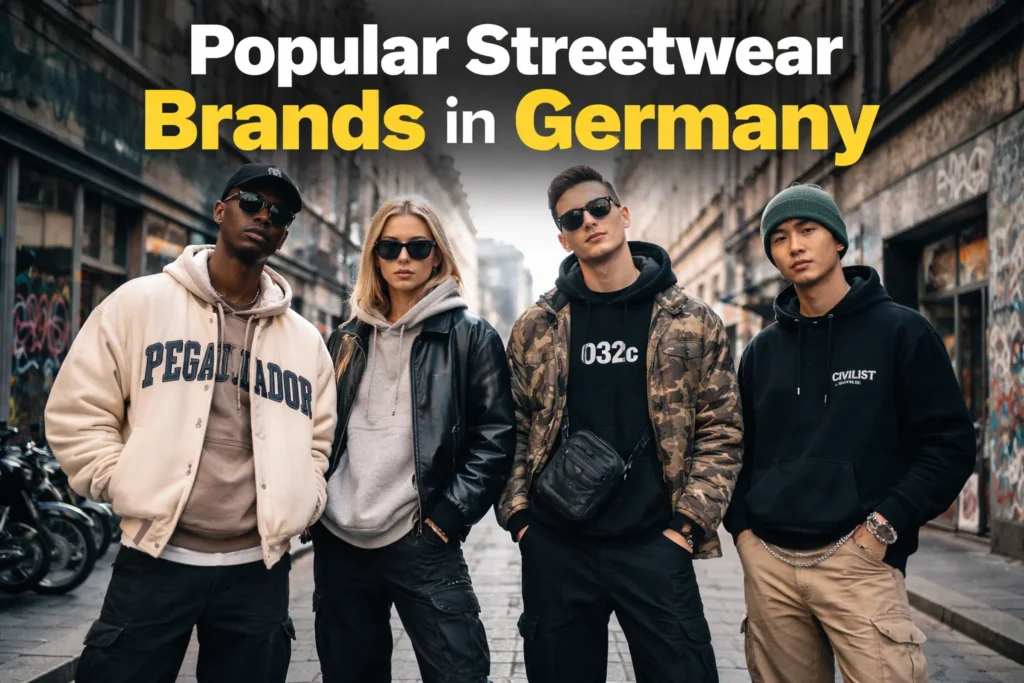 Four young adults wearing German streetwear brands (Pegador, 032c, Civilist) in Berlin street with graffiti background