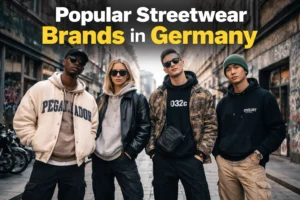 Four young adults wearing German streetwear brands (Pegador, 032c, Civilist) in Berlin street with graffiti background