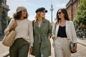Three women wearing eco-friendly outfits walking in Berlin with Fernsehturm tower in background