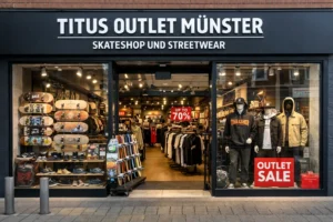 Titus Outlet Münster Skateshop und Streetwear storefront with skateboards and outlet sale display in Germany